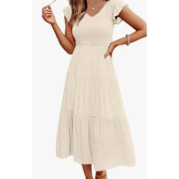 #16NWT Merokeety Light Beige Midi Dress Smocked Top Flutter Sleeves Size XL - Picture 1 of 3